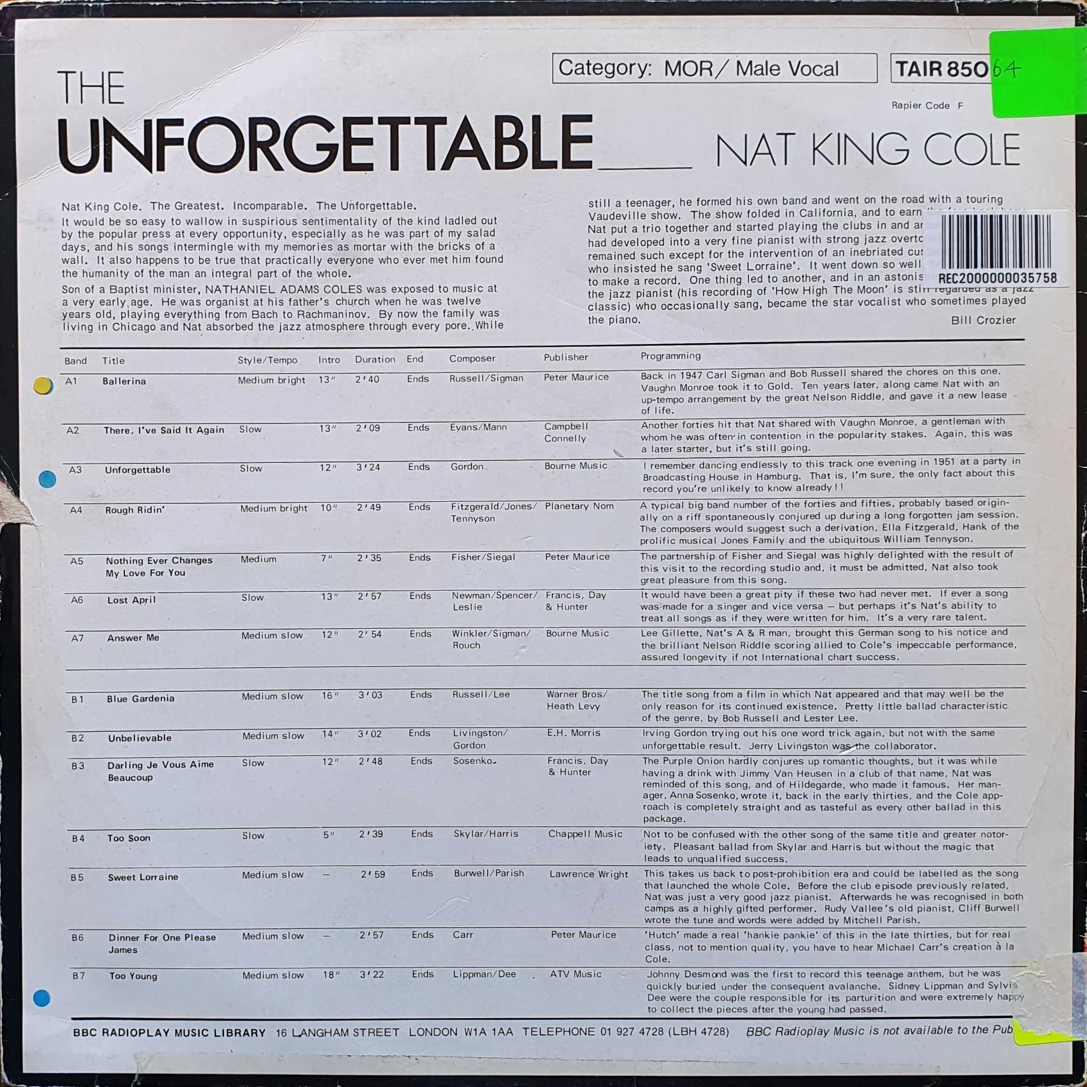 Picture of TAIR 85064 The unforgettable by artist Nat King Cole from the BBC records and Tapes library